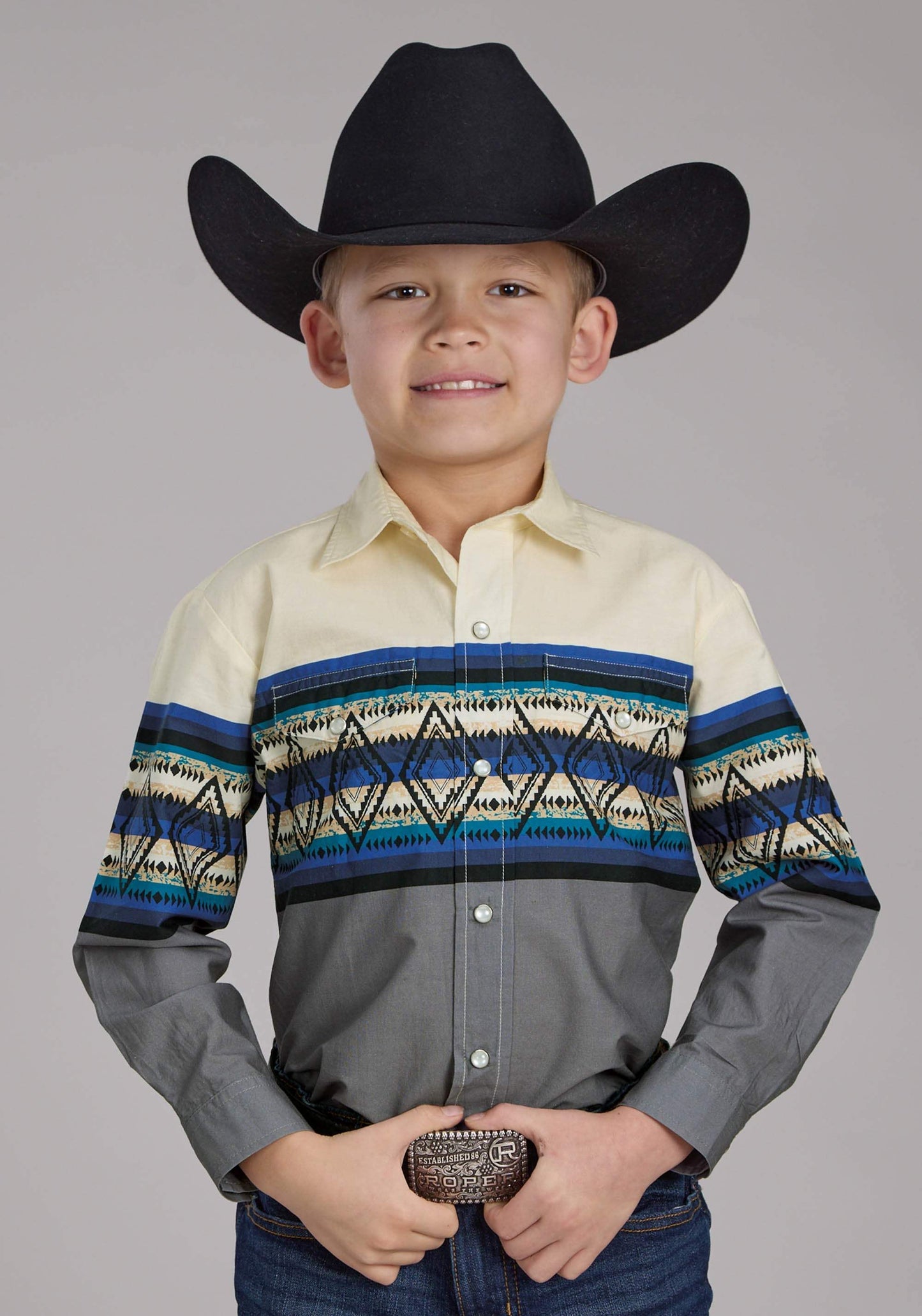 Roper Boys Retro Diamond Border Long Sleeve Snap Western Shirt - Roper - Flyclothing LLC