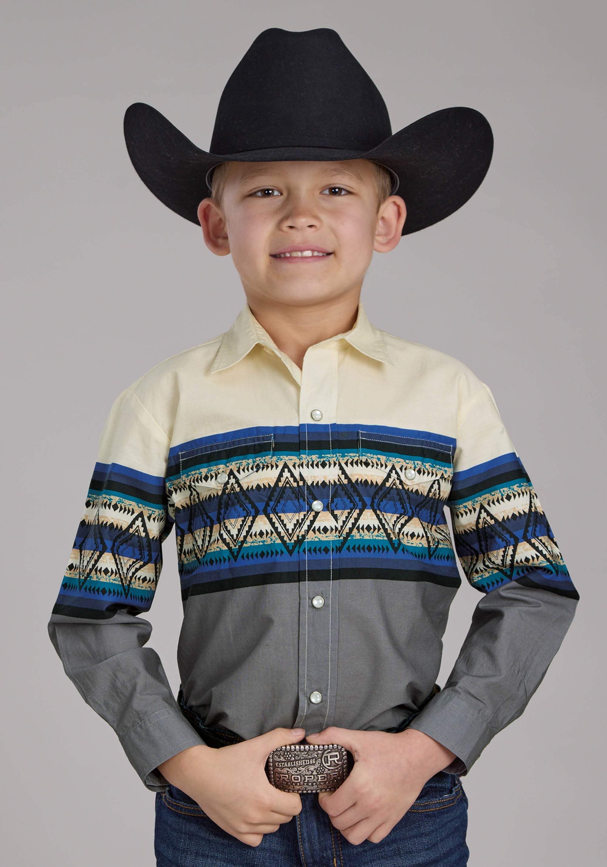 Roper Boys Retro Diamond Border Long Sleeve Snap Western Shirt - Roper - Flyclothing LLC