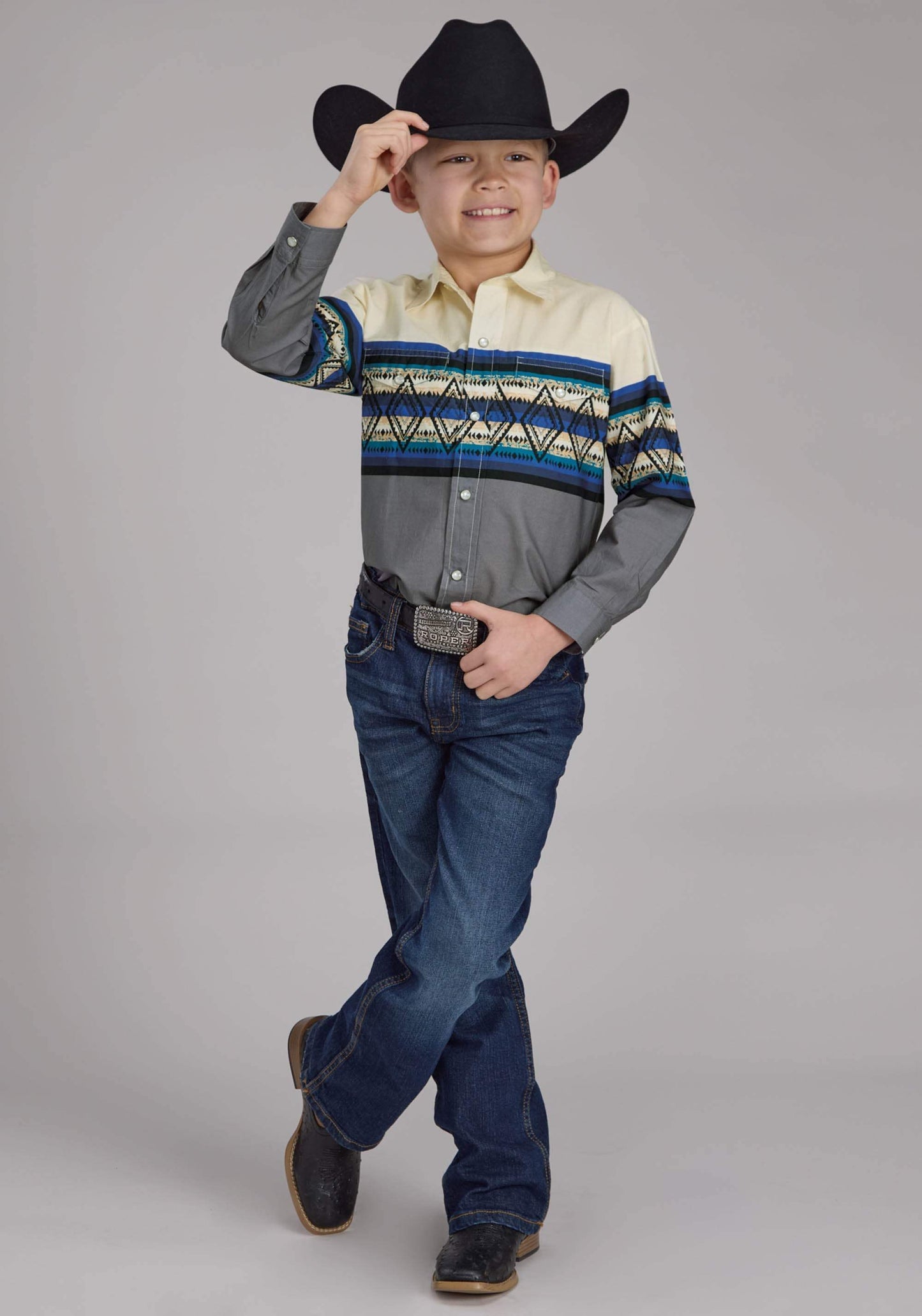 Roper Boys Retro Diamond Border Long Sleeve Snap Western Shirt - Roper - Flyclothing LLC