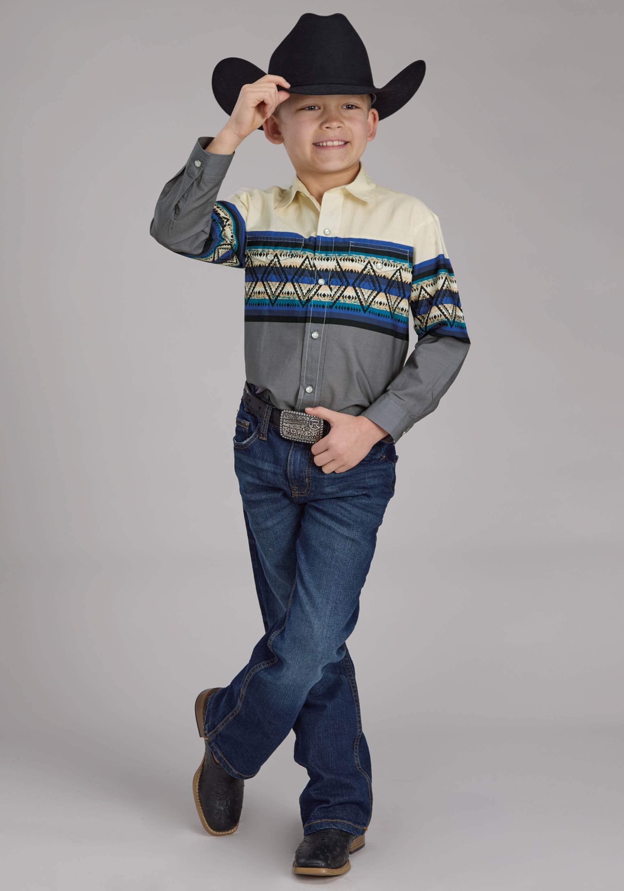 Roper Boys Retro Diamond Border Long Sleeve Snap Western Shirt - Roper - Flyclothing LLC