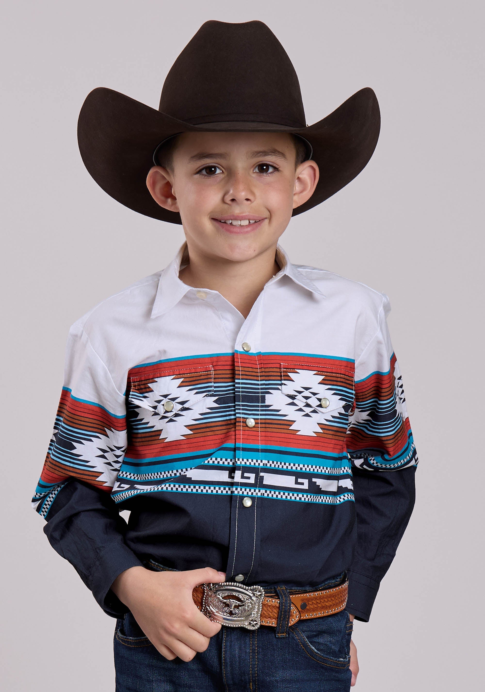 Roper Boys Long Sleeve Snap Horizontal Aztec Ombre Border Print Wester