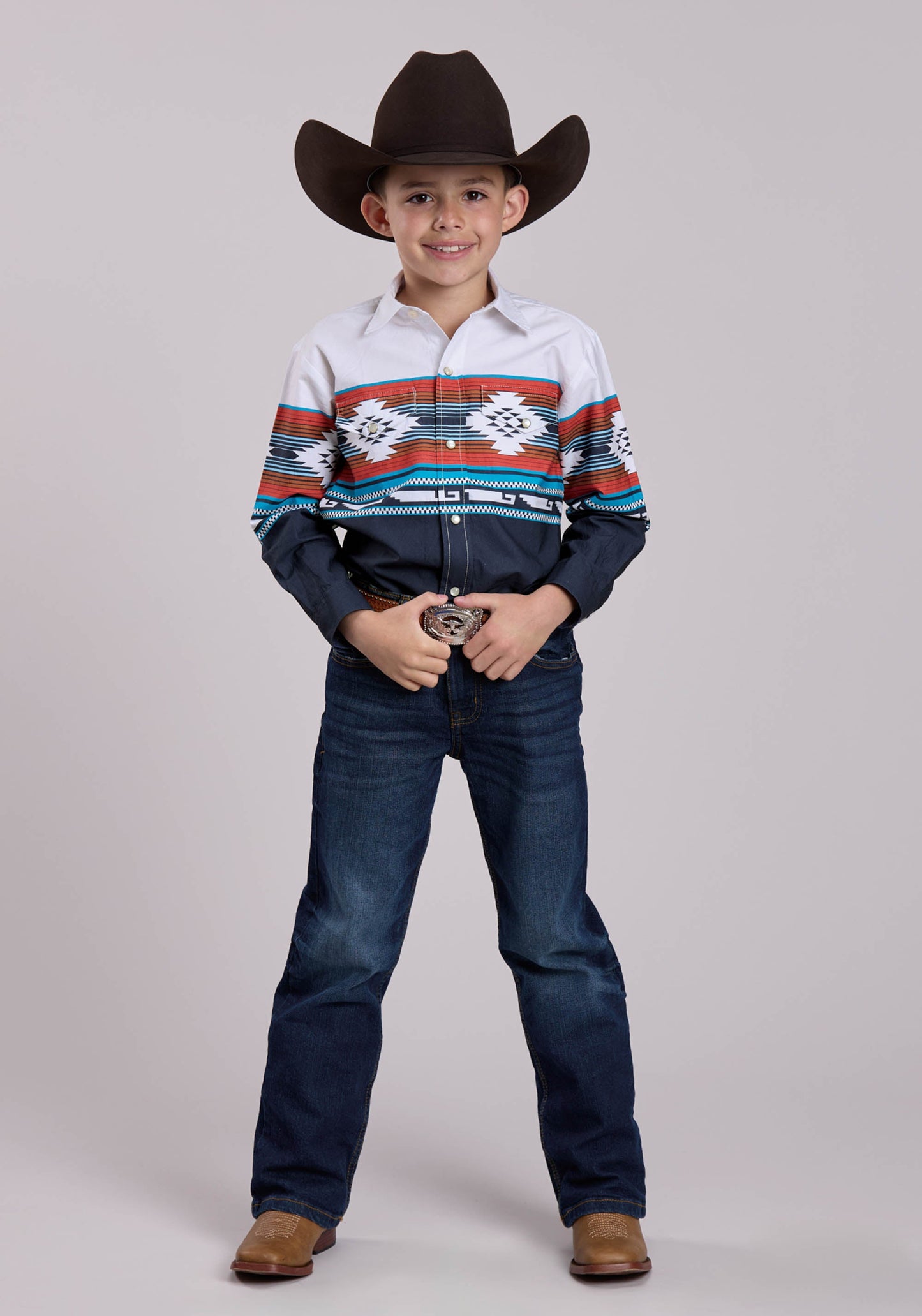 Roper Boys Long Sleeve Snap Horizontal Aztec Ombre Border Print Western Shirt