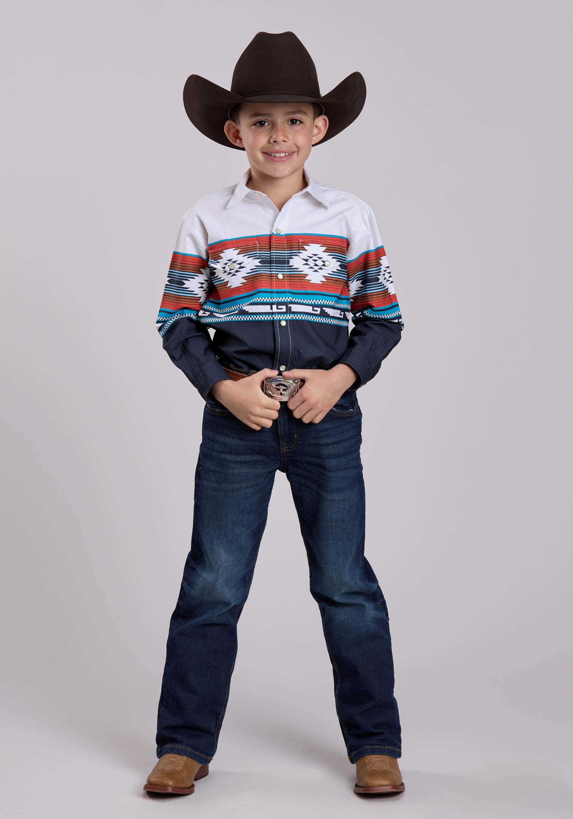 Roper Boys Long Sleeve Snap Horizontal Aztec Ombre Border Print Western Shirt