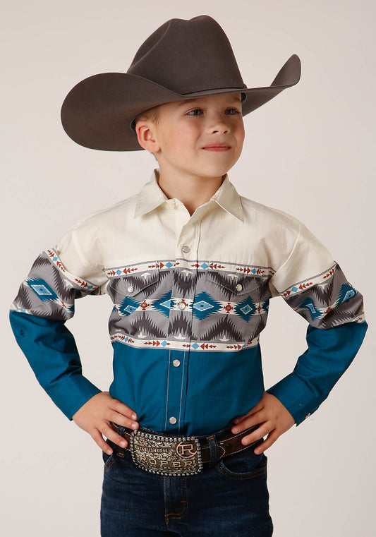 Roper Boys Long Sleeve Snap Sawtooth Border Western Shirt - Roper