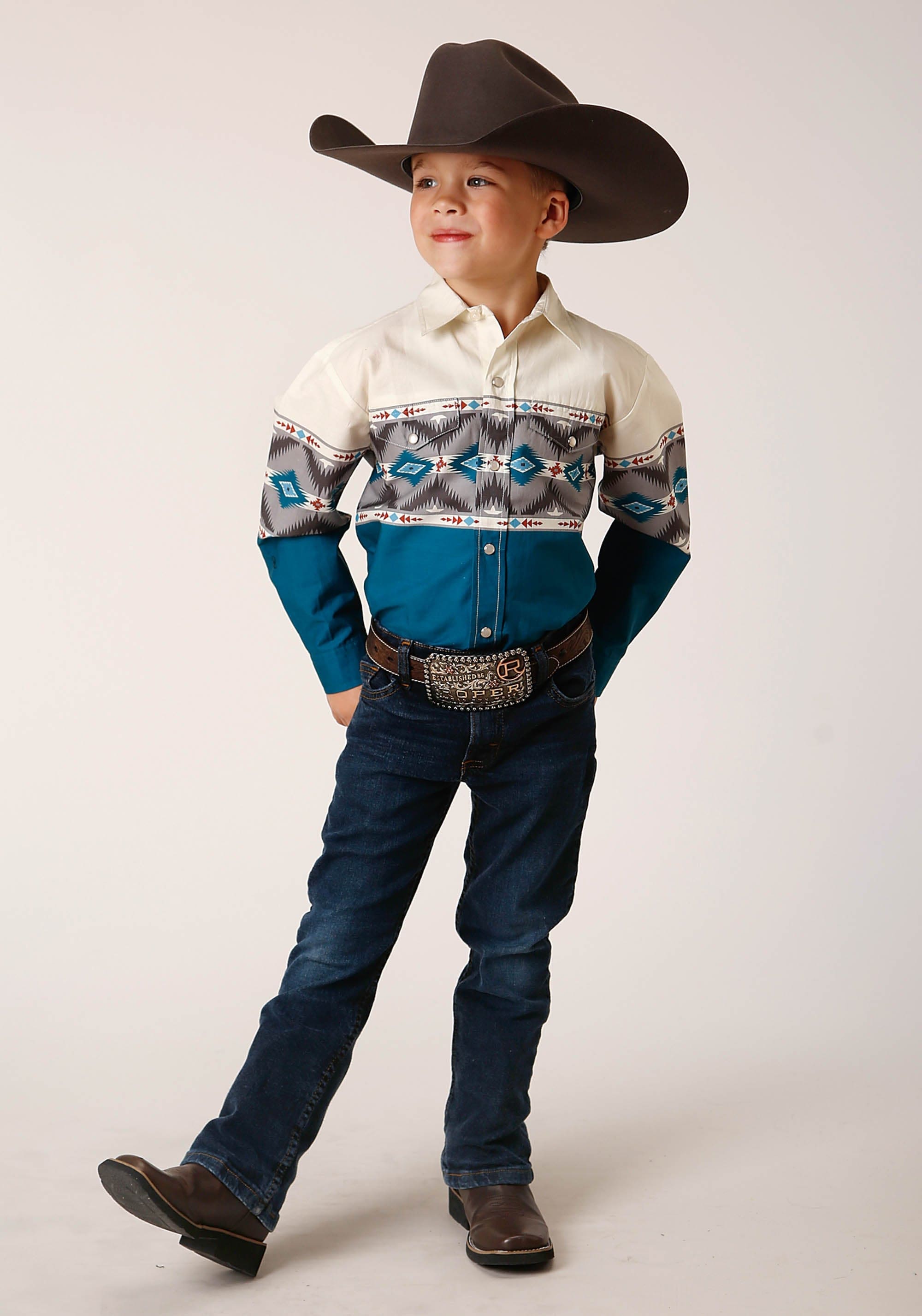 Roper Boys Long Sleeve Snap Sawtooth Border Western Shirt - Roper