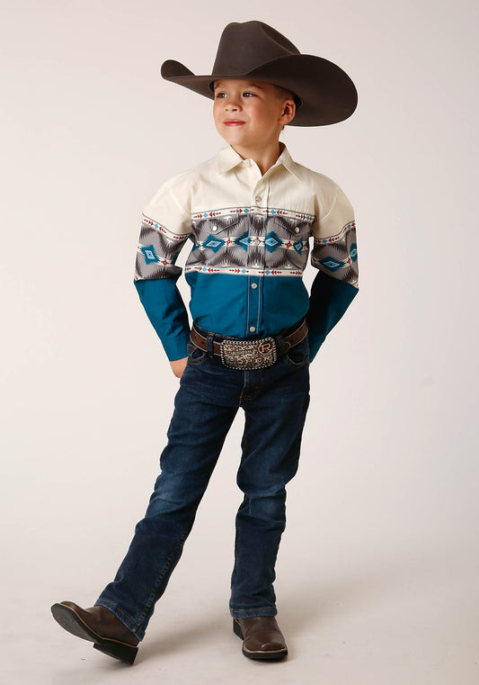 Roper Boys Long Sleeve Snap Sawtooth Border Western Shirt - Roper