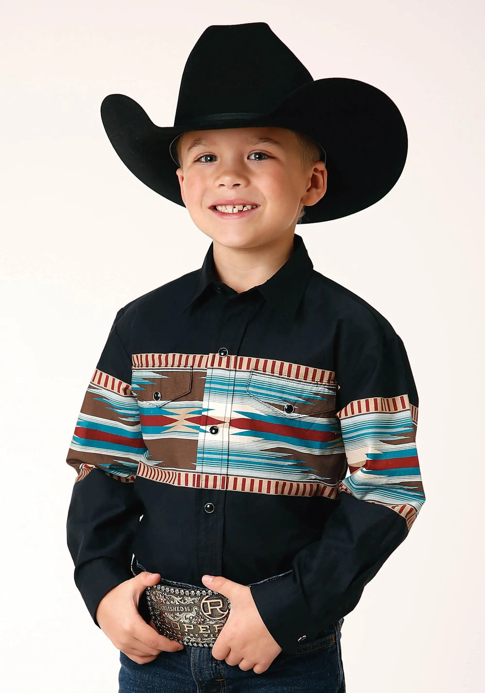Roper Boys Long Sleeve Snap Blanket Aztec Border Print Western Shirt - Roper