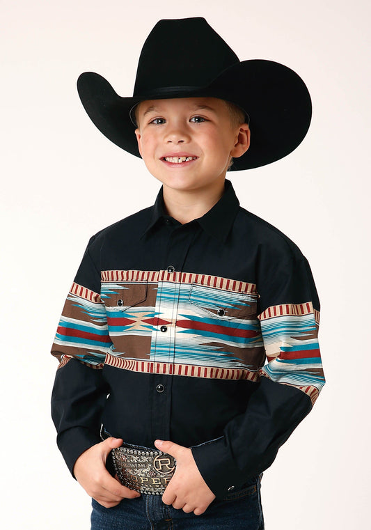 Roper Boys Long Sleeve Snap Blanket Aztec Border Print Western Shirt - Roper