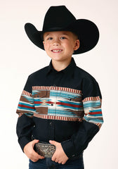 Roper Boys Long Sleeve Snap Blanket Aztec Border Print Western Shirt - Roper