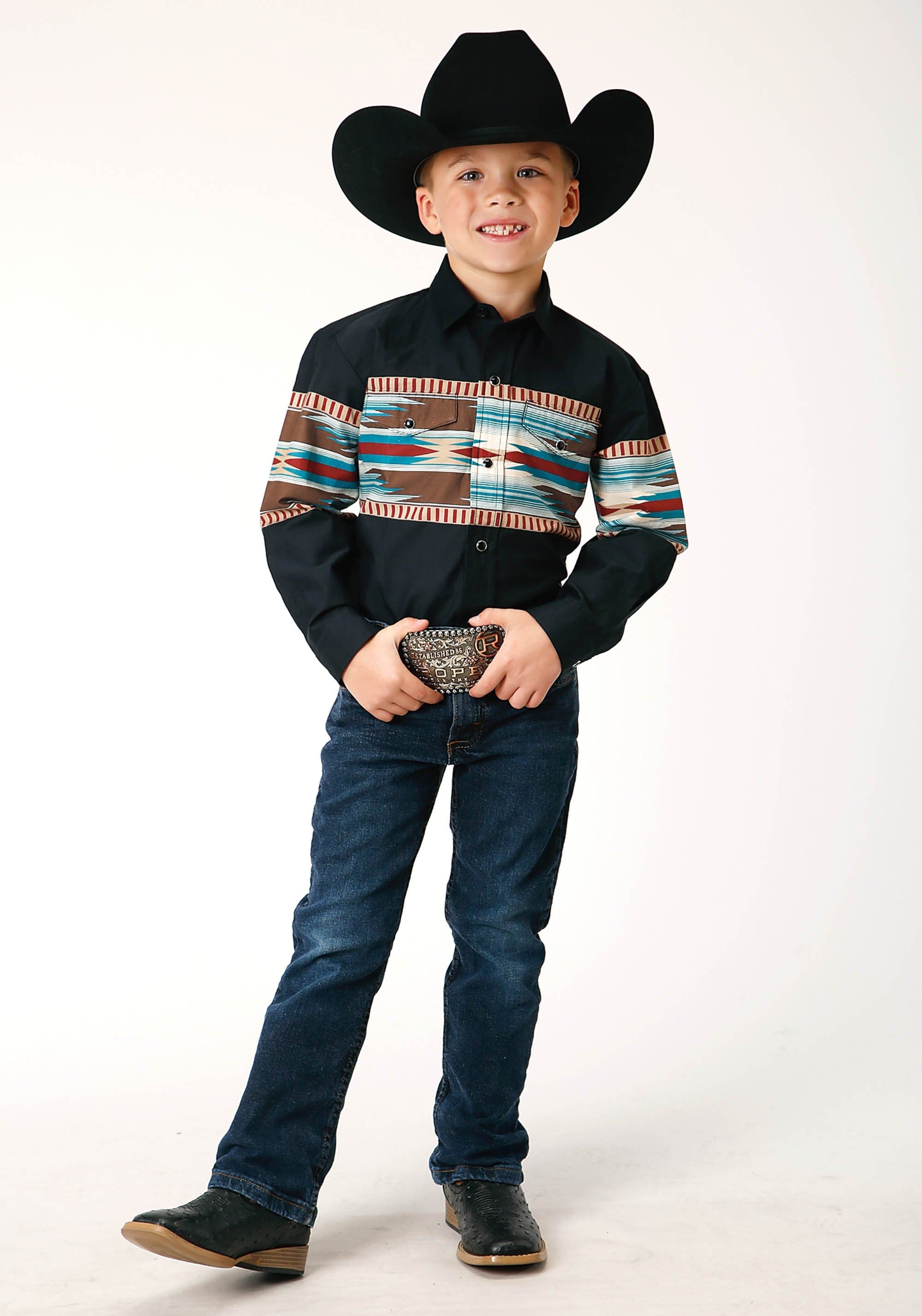 Roper Boys Long Sleeve Snap Blanket Aztec Border Print Western Shirt - Roper