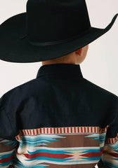 Roper Boys Long Sleeve Snap Blanket Aztec Border Print Western Shirt - Roper