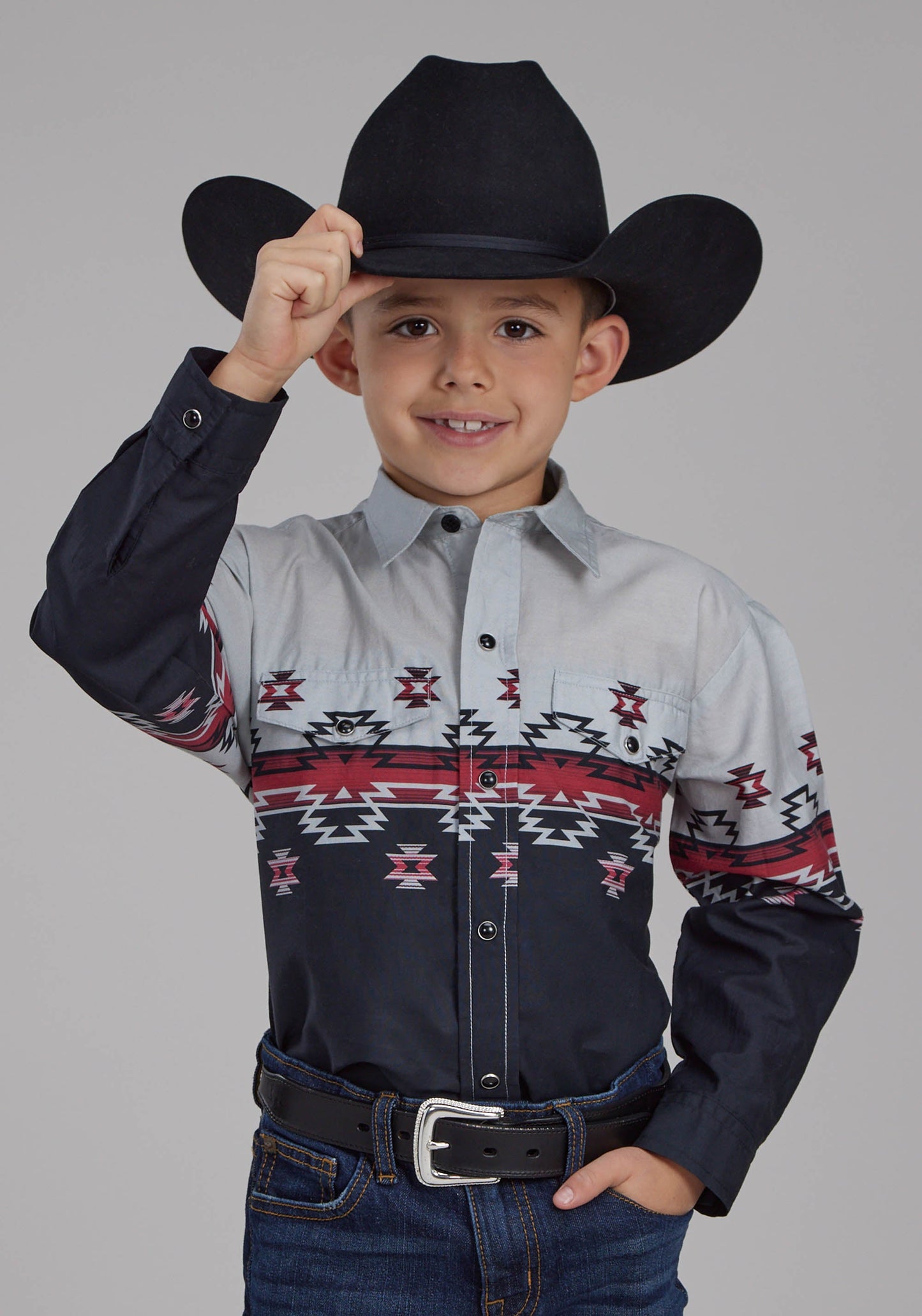 Roper Boys Ombre Aztec Border Long Sleeve Snap Western Shirt