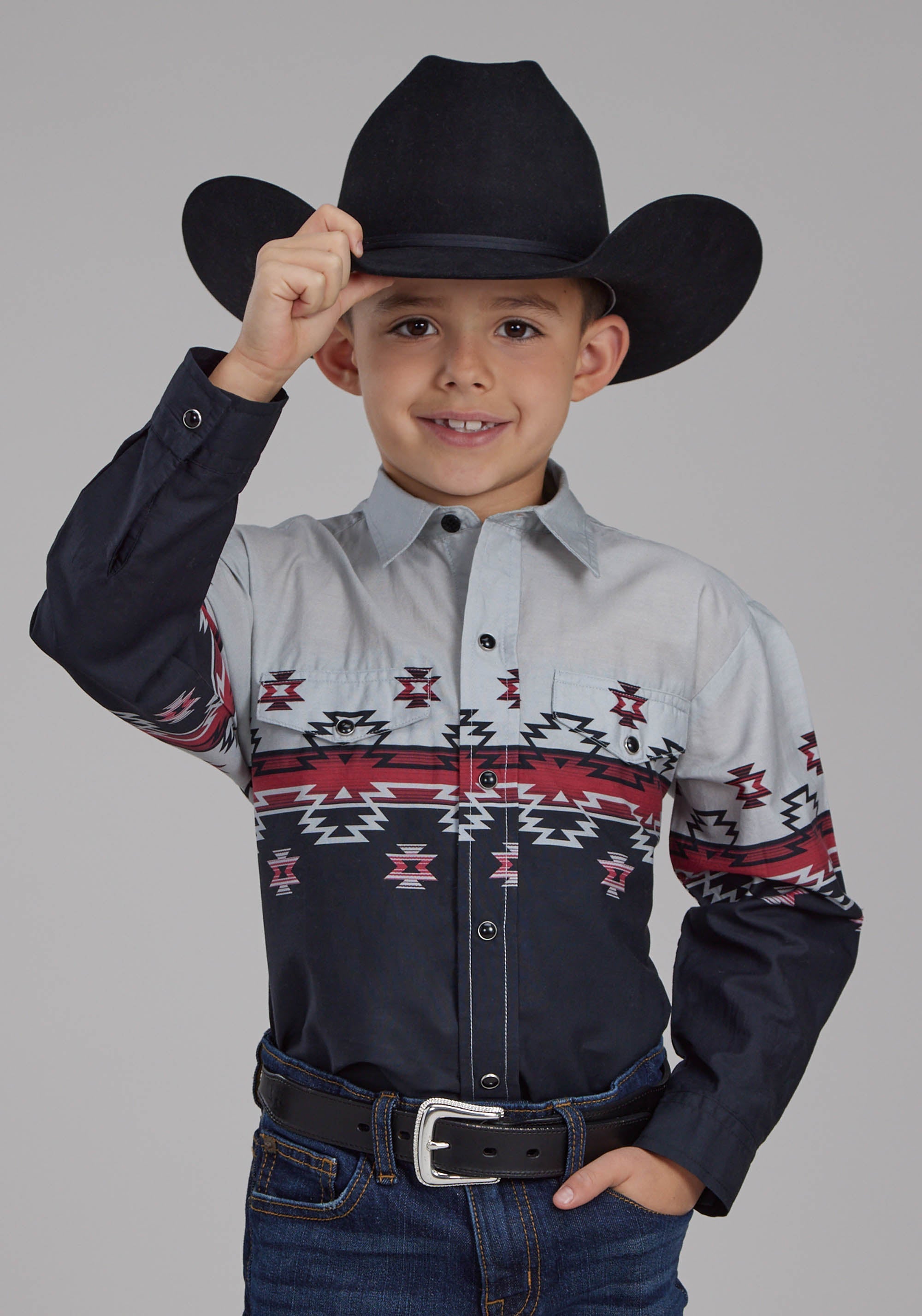 Roper Boys Ombre Aztec Border Long Sleeve Snap Western Shirt