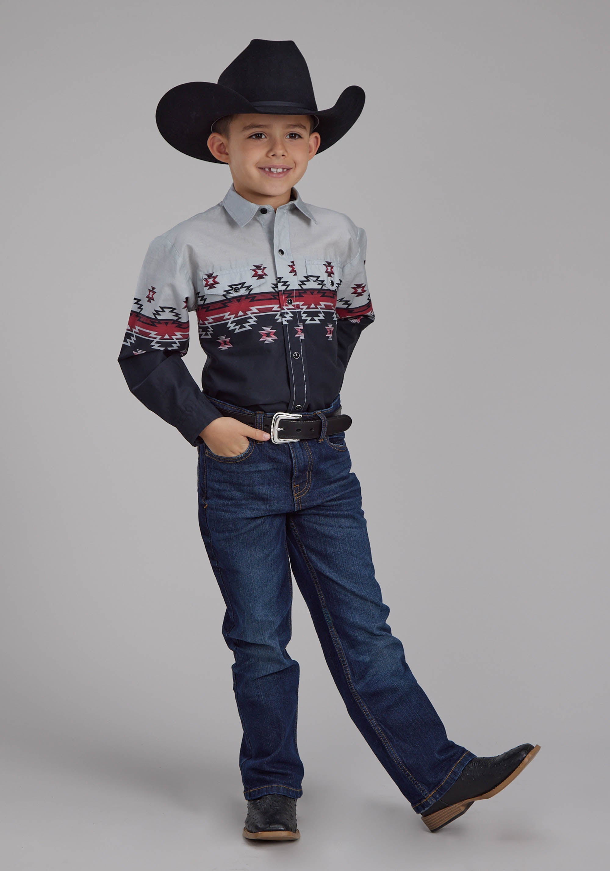 Roper Boys Ombre Aztec Border Long Sleeve Snap Western Shirt