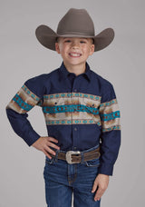 Roper Boys Navy Aztec Border Long Sleeve Snap Western Shirt - Roper - Flyclothing LLC