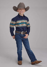 Roper Boys Navy Aztec Border Long Sleeve Snap Western Shirt - Roper - Flyclothing LLC