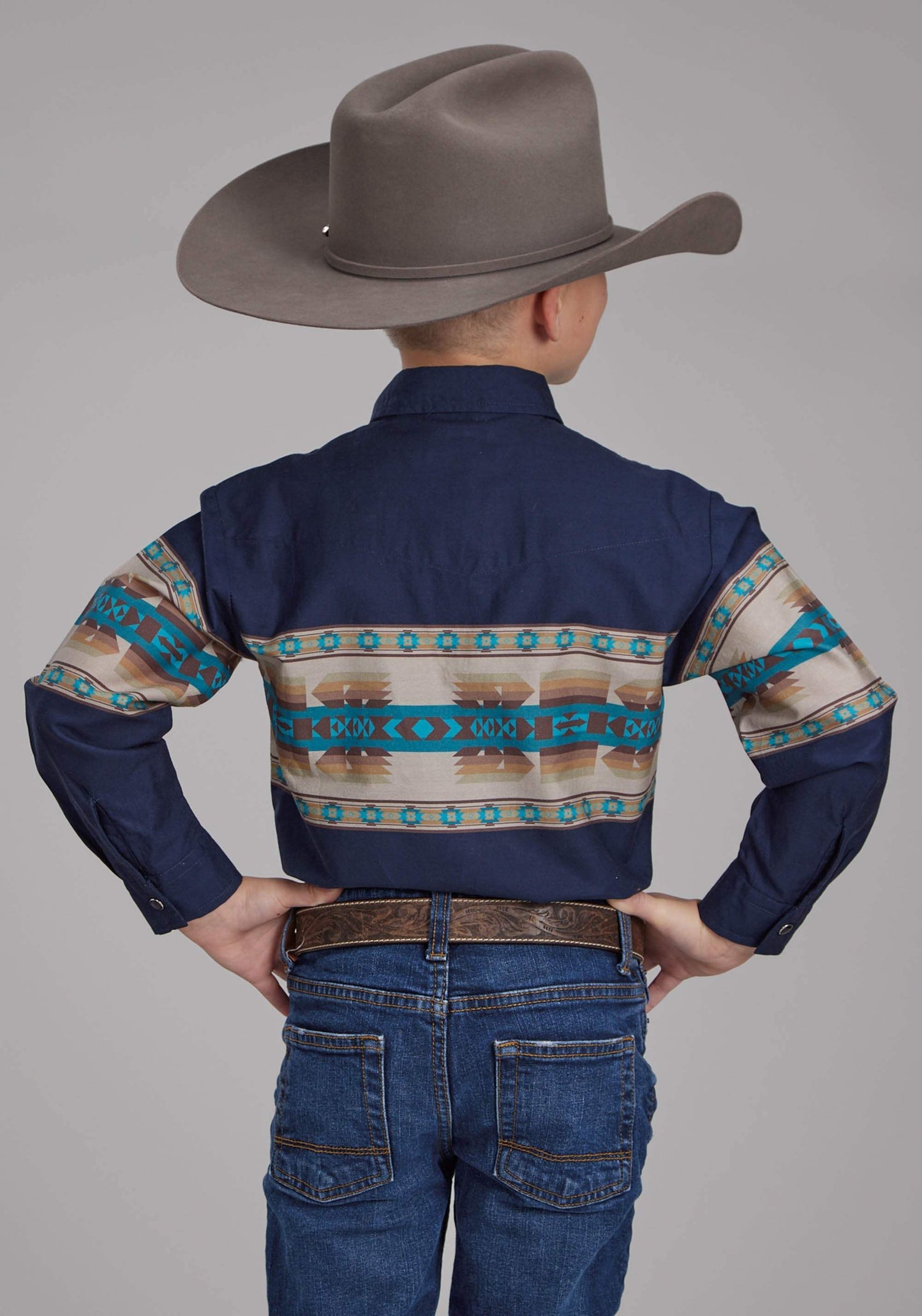 Roper Boys Navy Aztec Border Long Sleeve Snap Western Shirt - Roper - Flyclothing LLC