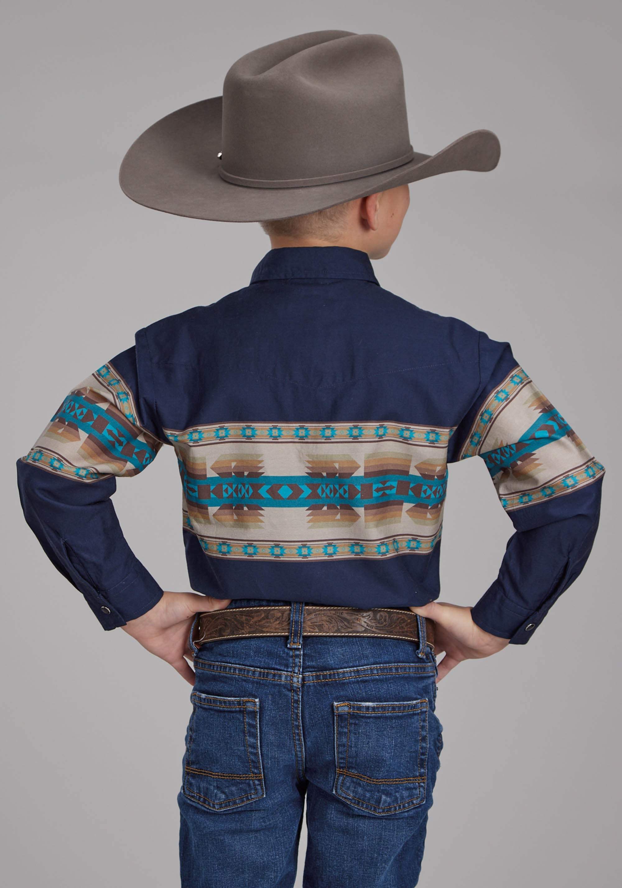 Roper Boys Navy Aztec Border Long Sleeve Snap Western Shirt - Roper - Flyclothing LLC