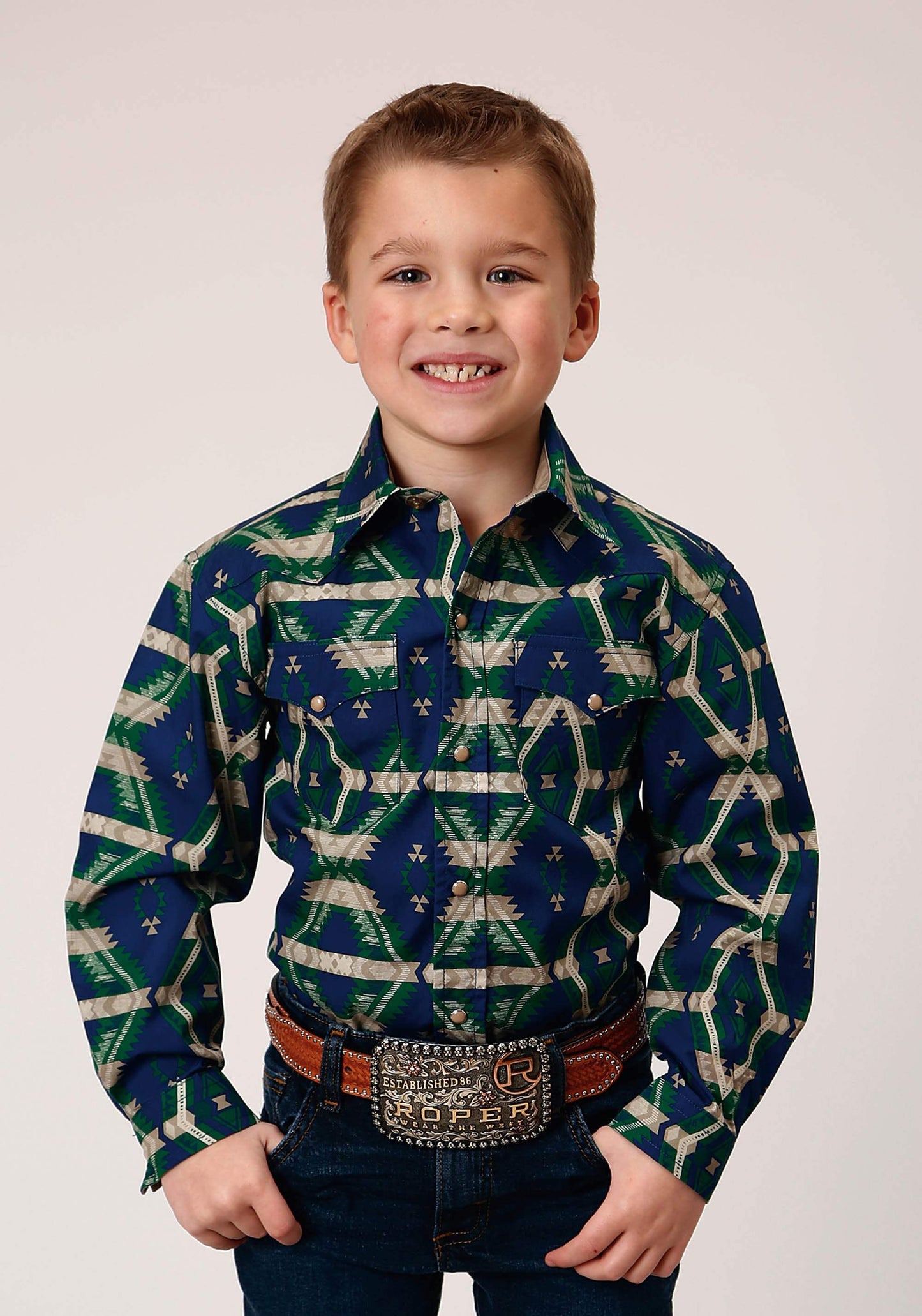 Roper Boys Long Sleeve Snap Navy Aztec Allover Print Western Shirt - Roper - Flyclothing LLC
