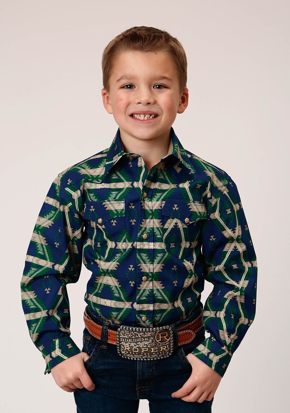 Roper Boys Long Sleeve Snap Navy Aztec Allover Print Western Shirt - Roper