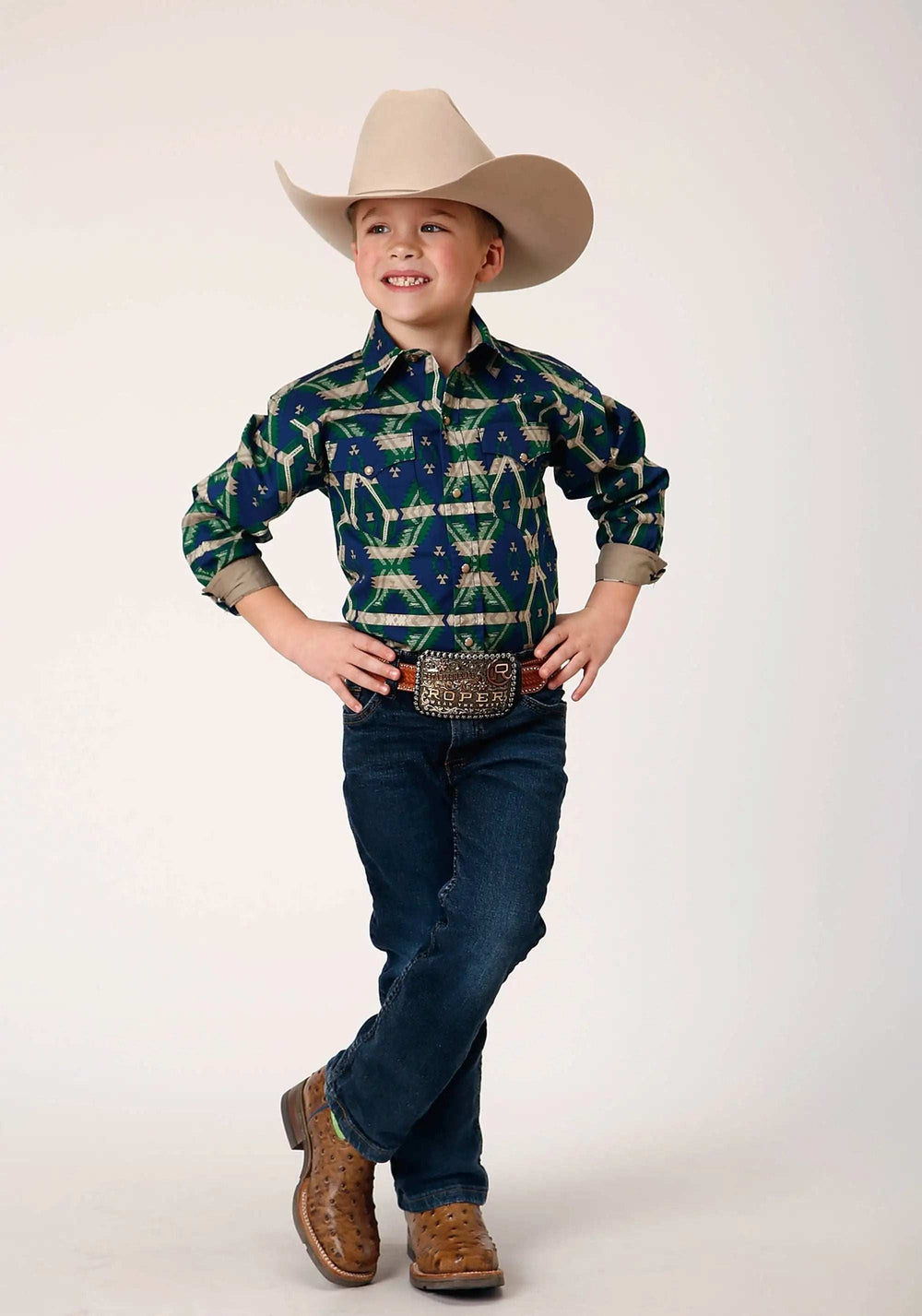Roper Boys Long Sleeve Snap Navy Aztec Allover Print Western Shirt - Roper - Flyclothing LLC