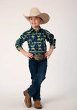 Roper Boys Long Sleeve Snap Navy Aztec Allover Print Western Shirt - Roper