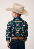 Roper Boys Long Sleeve Snap Navy Aztec Allover Print Western Shirt - Roper