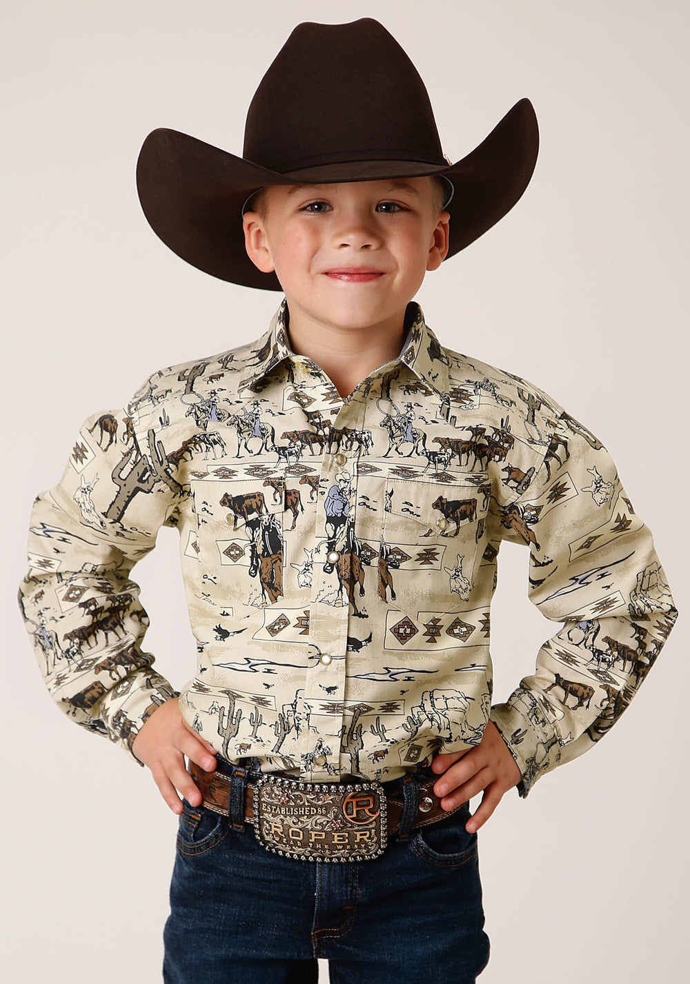 Roper Boys Long Sleeve Button Vintage Postcard Print Western Shirt - Roper