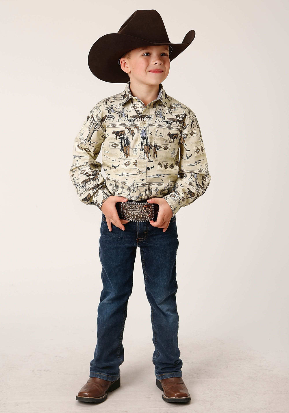 Roper Boys Long Sleeve Button Vintage Postcard Print Western Shirt - Roper - Flyclothing LLC