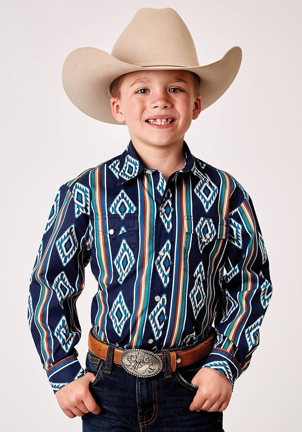 Roper Boys Long Sleeve Snap Serape Stripe Print Western Shirt - Roper