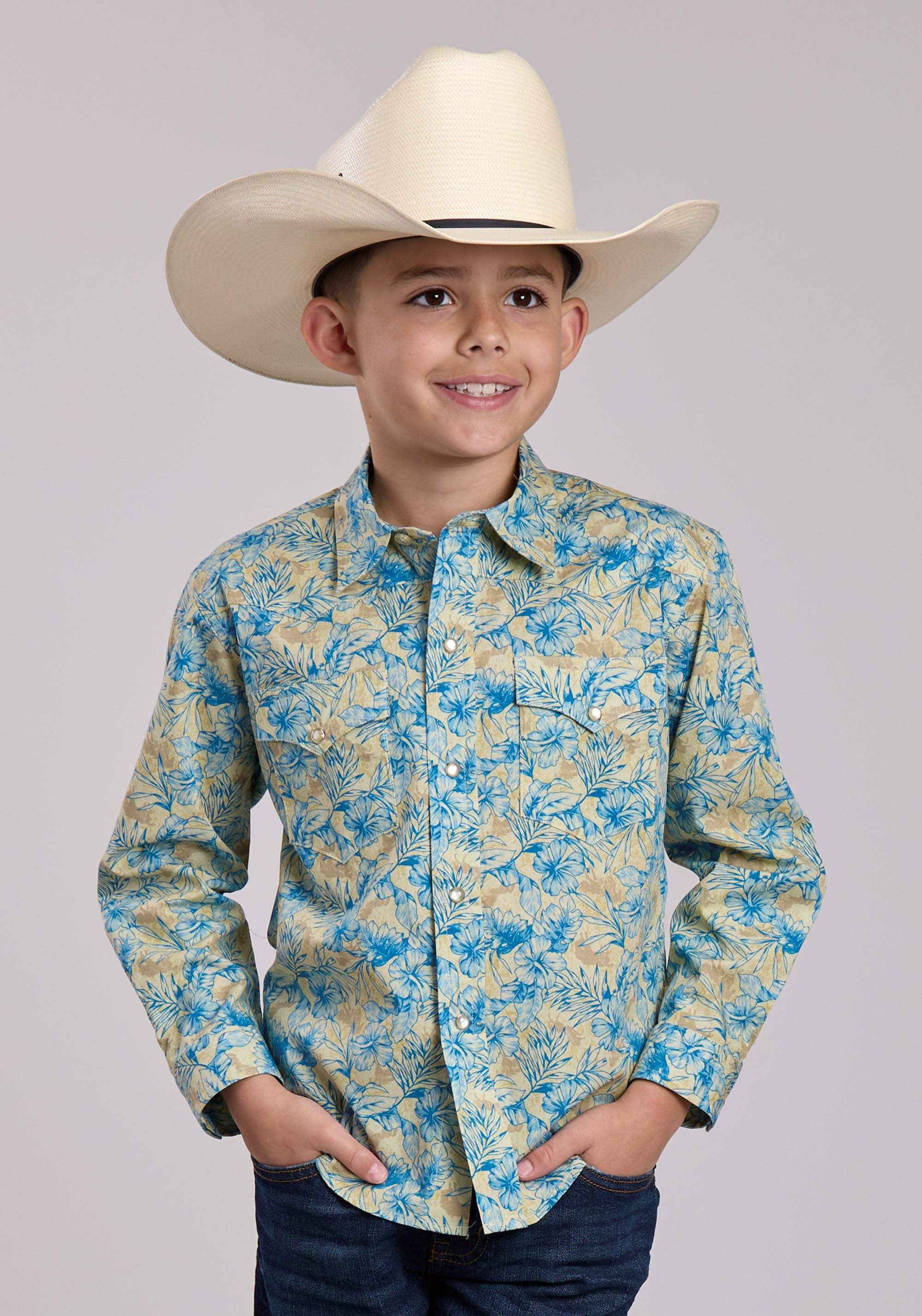Boys Roper Hibiscus Dreams Print Long Sleeve Snap Shirt - Roper - Flyclothing LLC