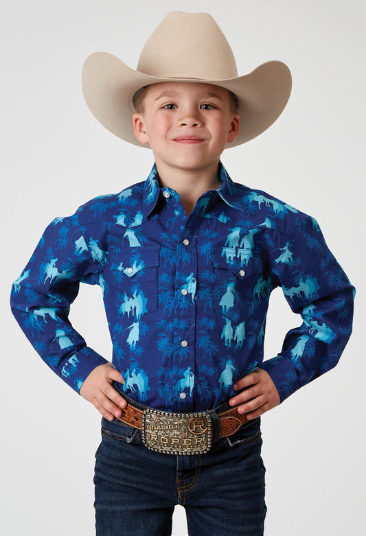 Roper Boys Long Sleeve Snap Hawaiian Ombre Print Western Shirt - Roper