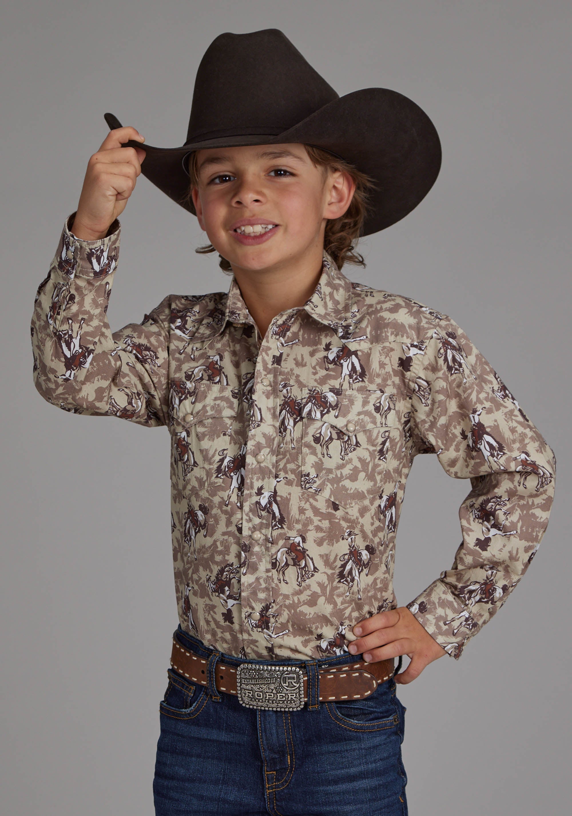 Roper Boys Brushstroke Cowboys Print Long Sleeve Snap Western Shirt