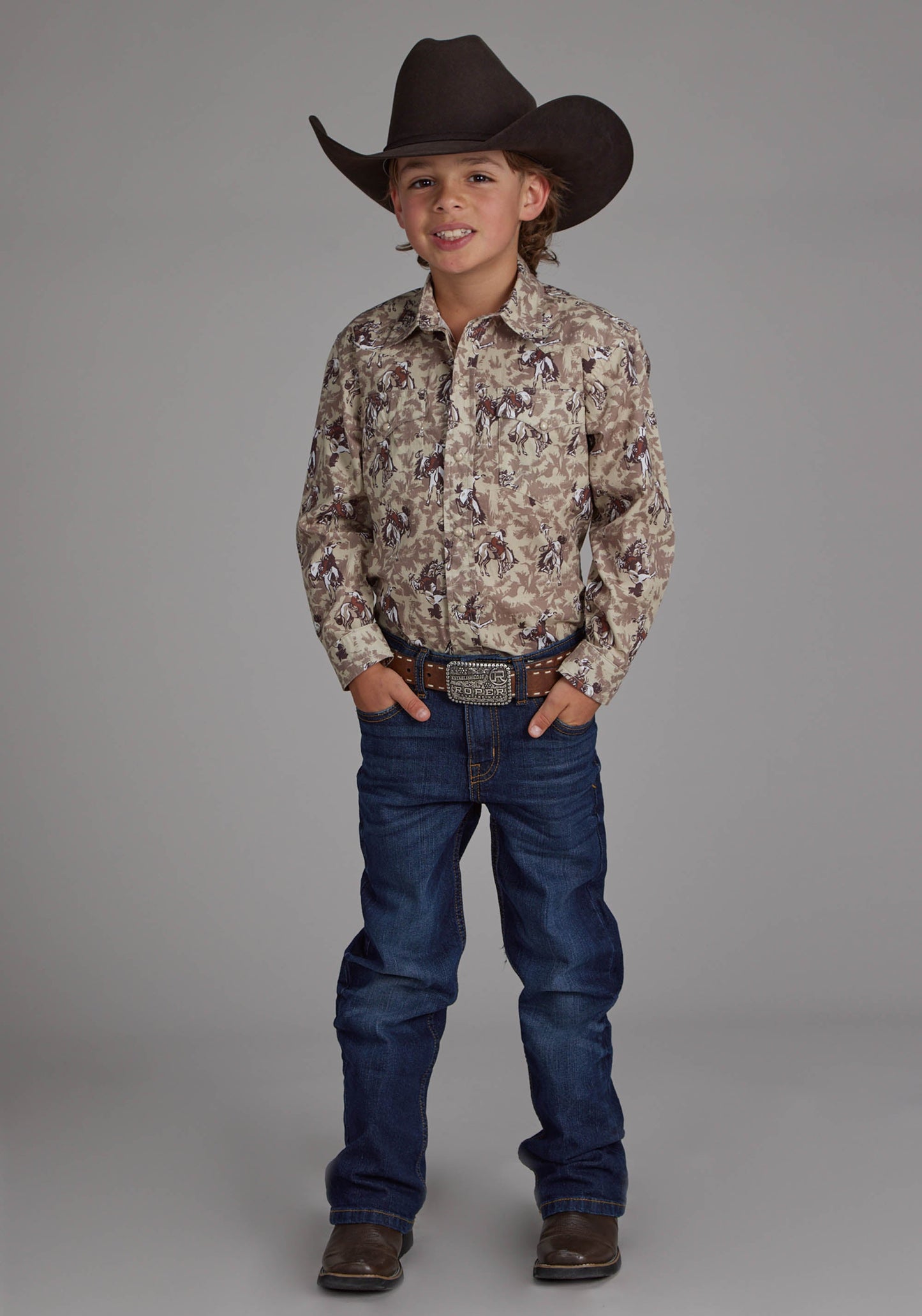 Roper Boys Brushstroke Cowboys Print Long Sleeve Snap Western Shirt