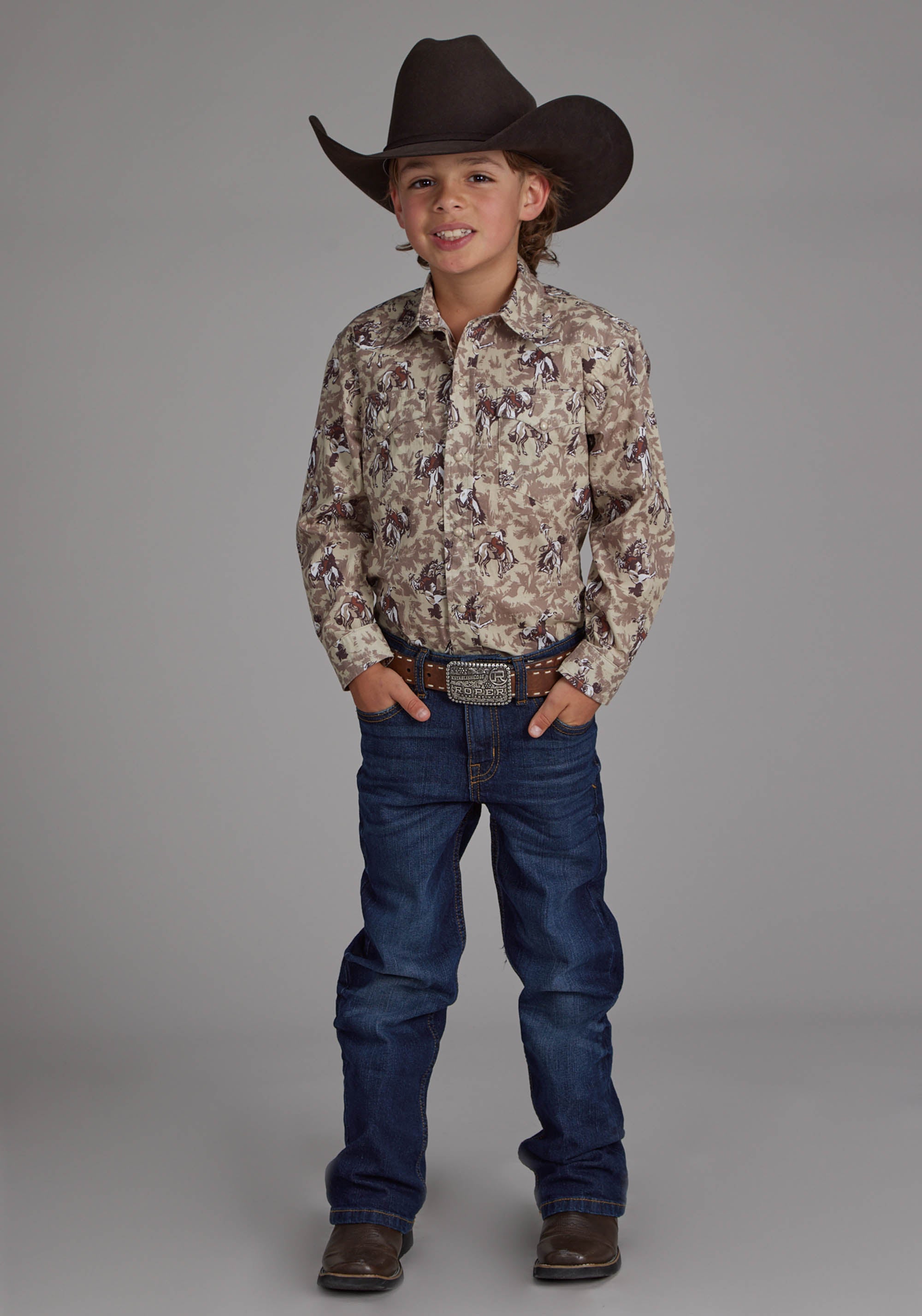 Roper Boys Brushstroke Cowboys Print Long Sleeve Snap Western Shirt