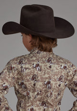 Roper Boys Brushstroke Cowboys Print Long Sleeve Snap Western Shirt