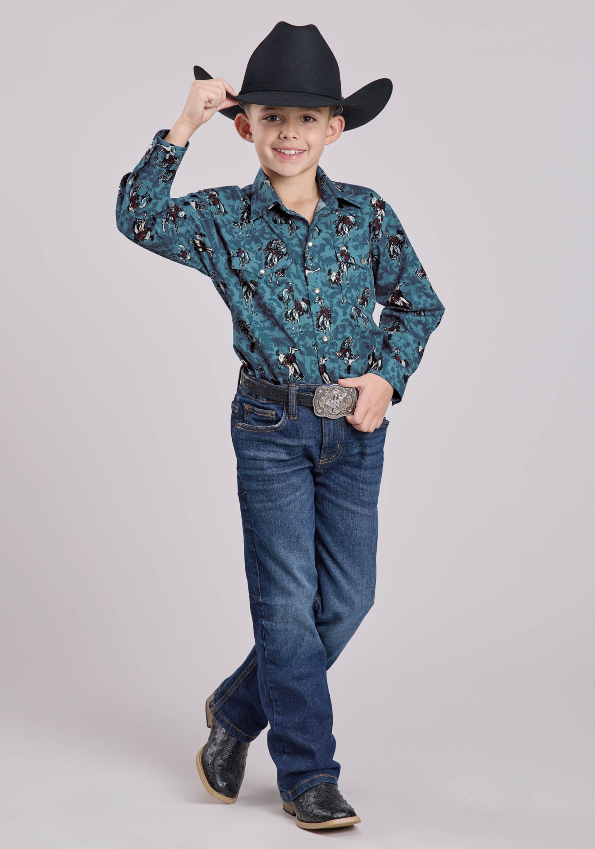 Roper Boys Long Sleeve Snap Brushstroke Cowboys Print Western Shirt