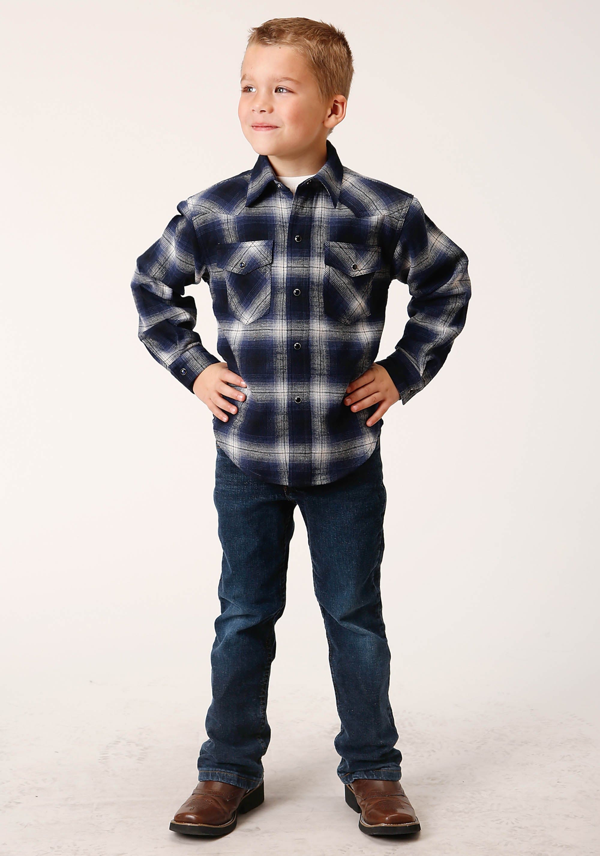 Roper Boys Long Sleeve Snap Unlined Flannel Shirts Western Shirt - Roper