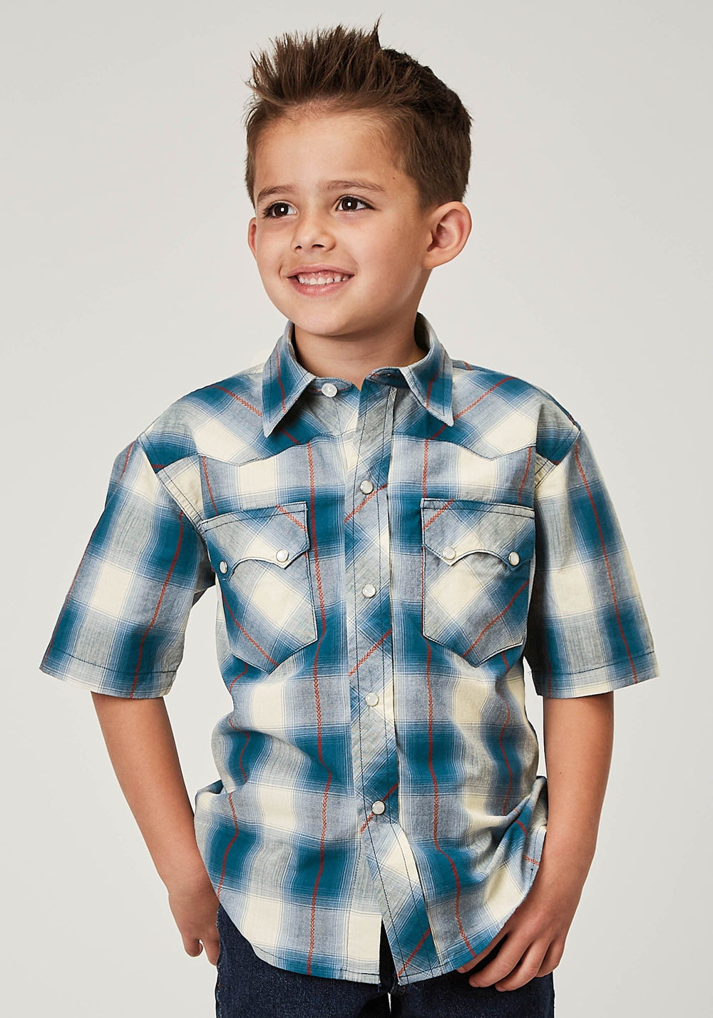 Roper Boys Short Sleeve Snap Arrow Dobby Plaid Western Shirt - Roper