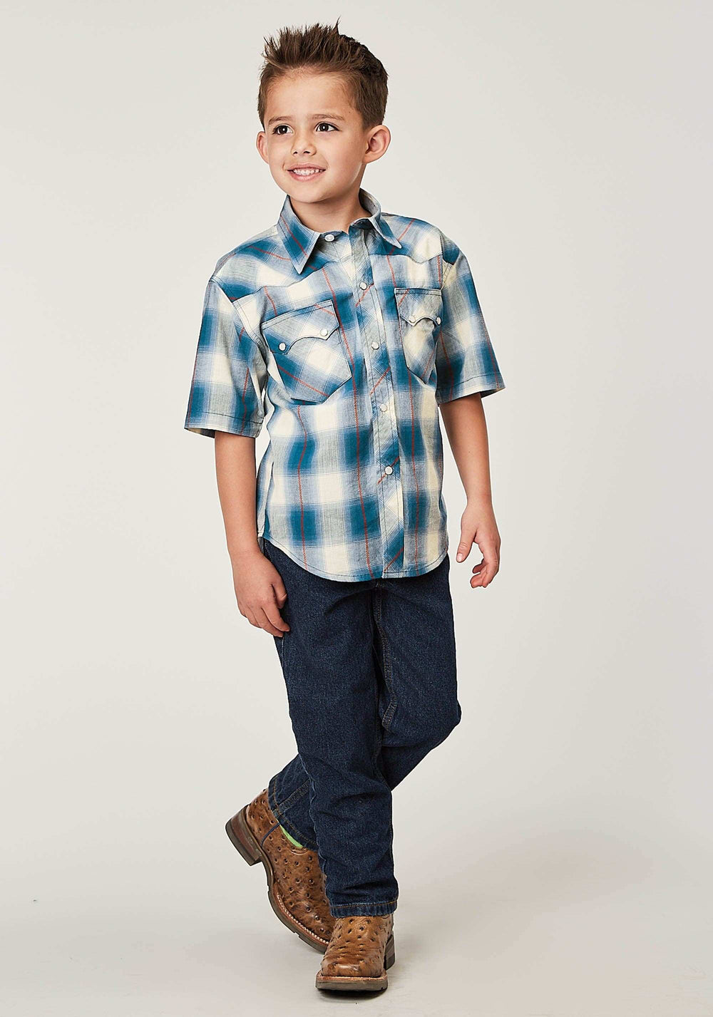 Roper Boys Short Sleeve Snap Arrow Dobby Plaid Western Shirt - Roper - Flyclothing LLC