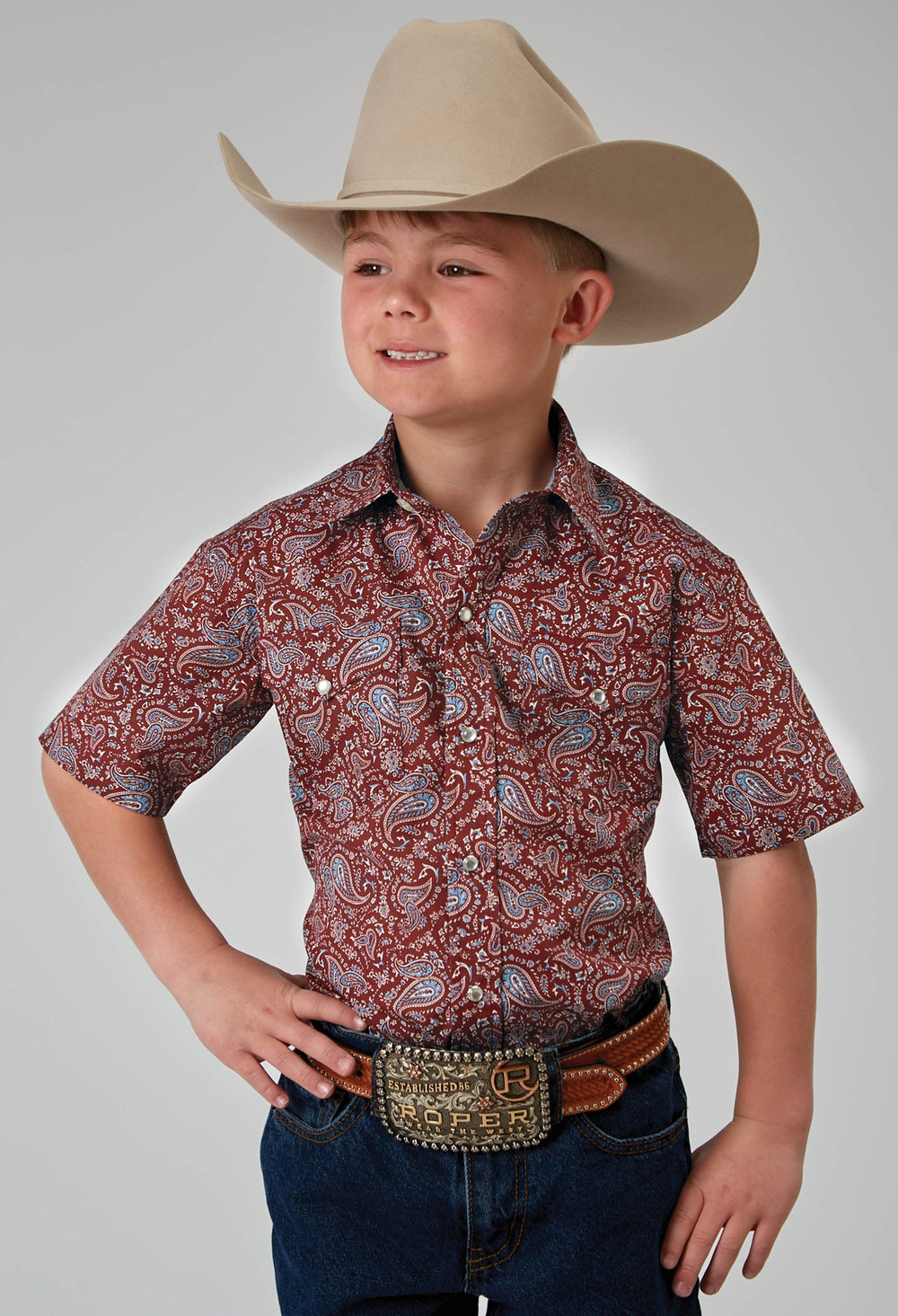 Roper Boys Short Sleeve Snap Vintage Paisley Print Western Shirt - Roper