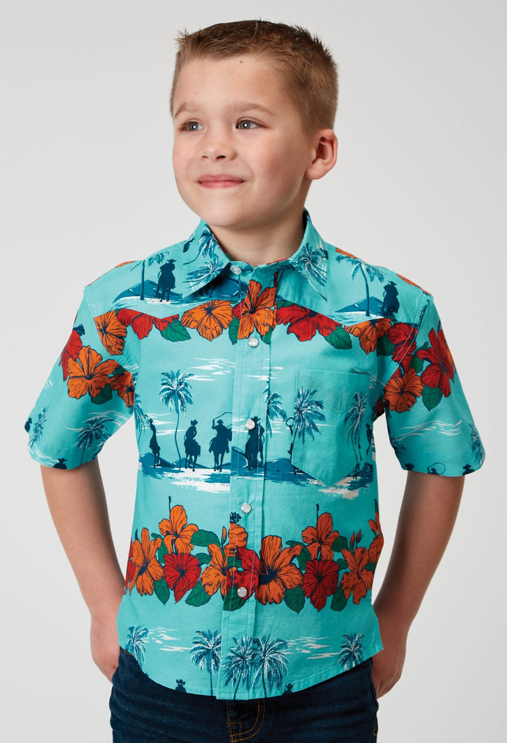 Roper Boys Short Sleeve Snap Hawaiian Print Western Shirt - Roper