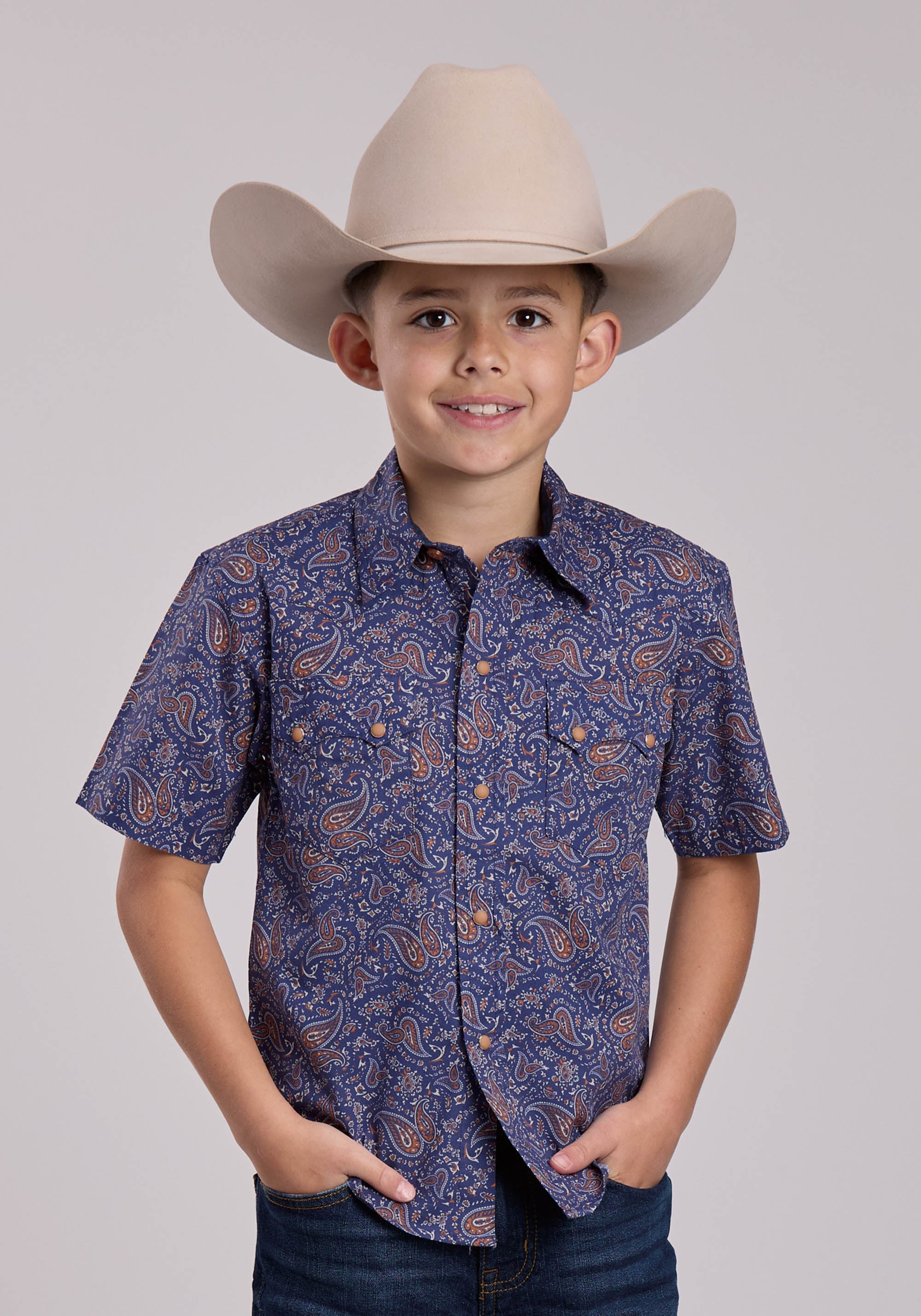 Boys Roper Vintage Paisley Print Short Sleeve Snap Shirt