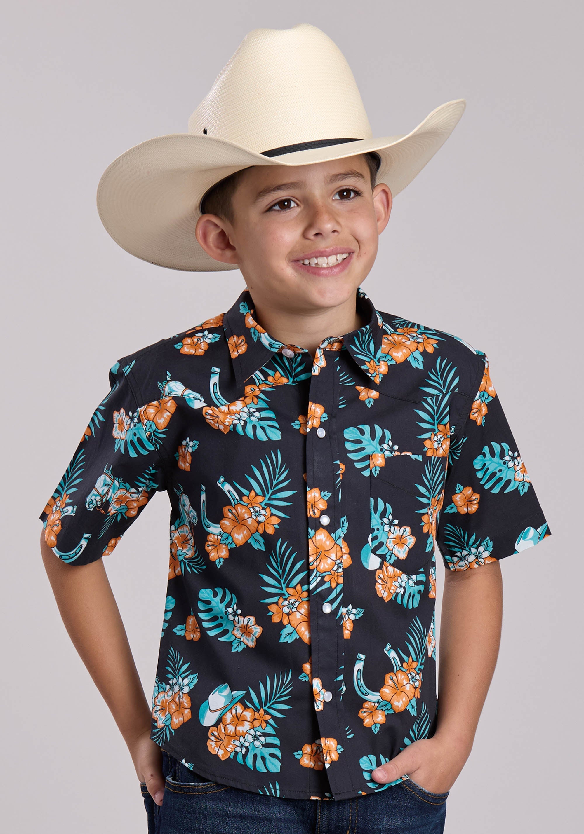 Boys Roper Hawaiian Print Short Sleeve Snap Shirt