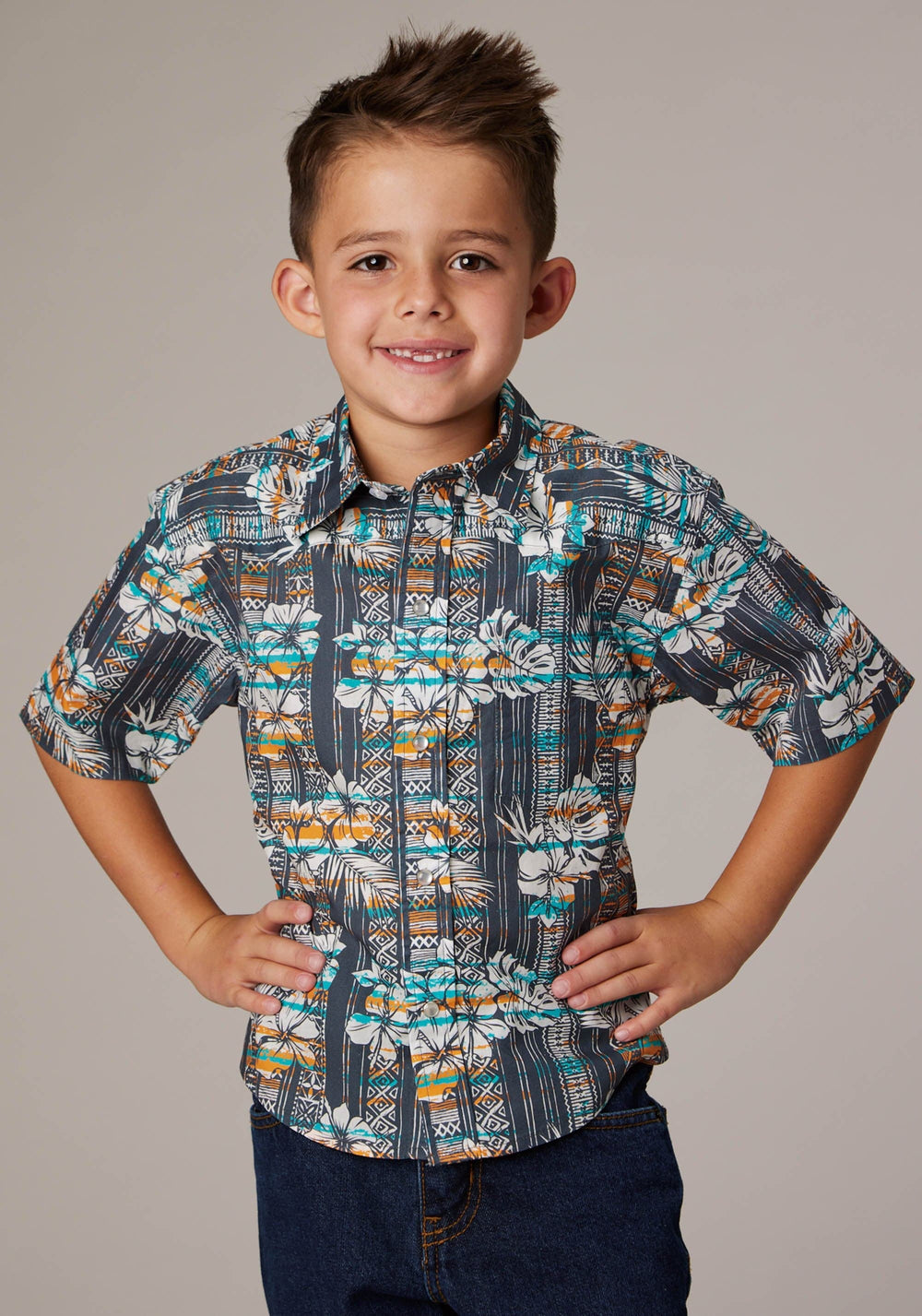 Roper Boys Short Sleeve Snap Distressed Tropical Print Western Shirt - Roper