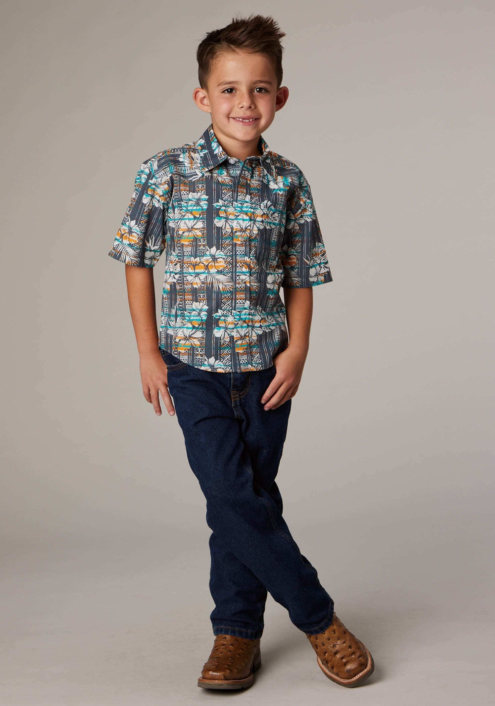 Roper Boys Short Sleeve Snap Distressed Tropical Print Western Shirt - Roper - Flyclothing LLC
