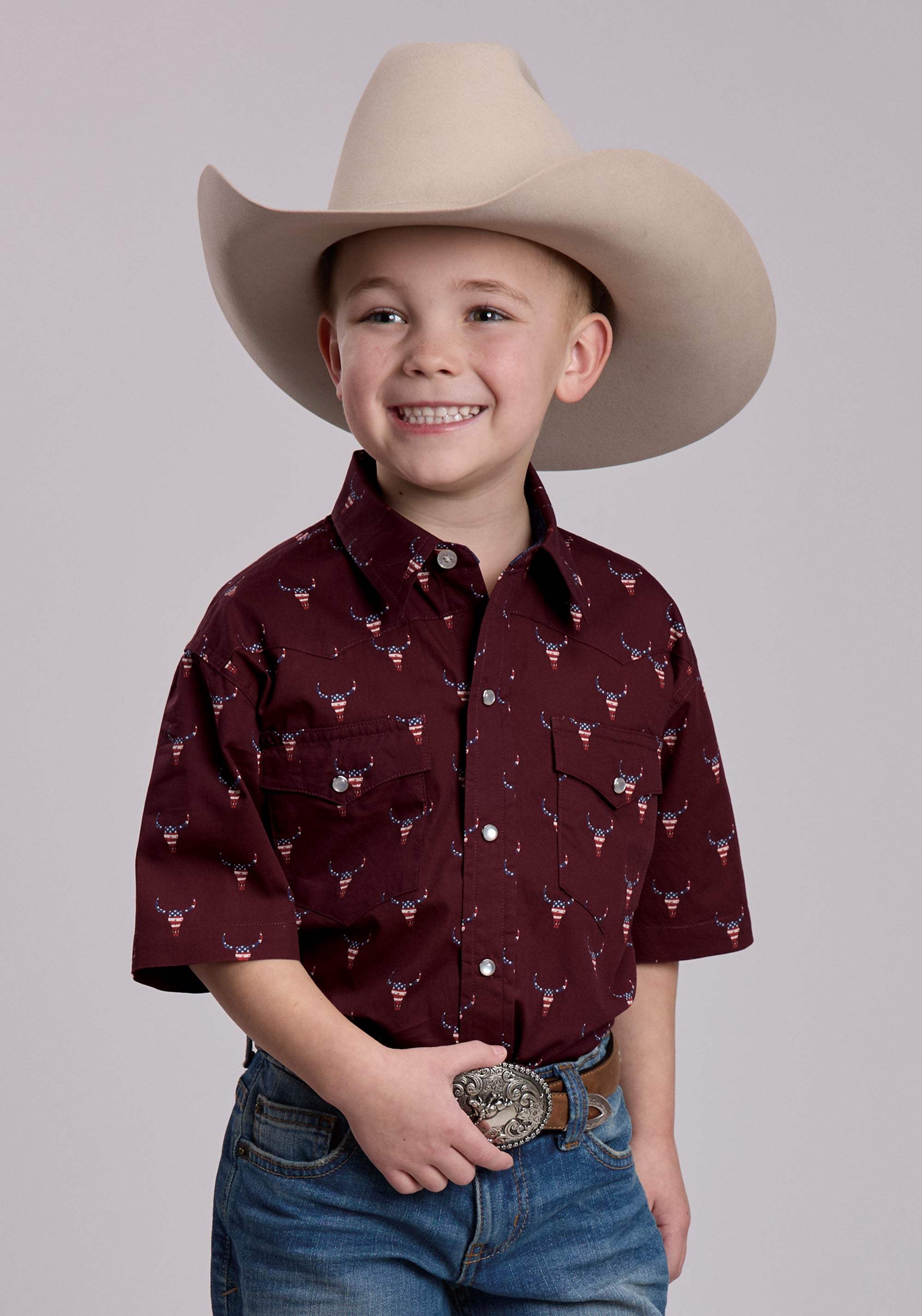 Boys Roper Skull Print Short Sleeve Snap Shirt - Roper - Flyclothing LLC