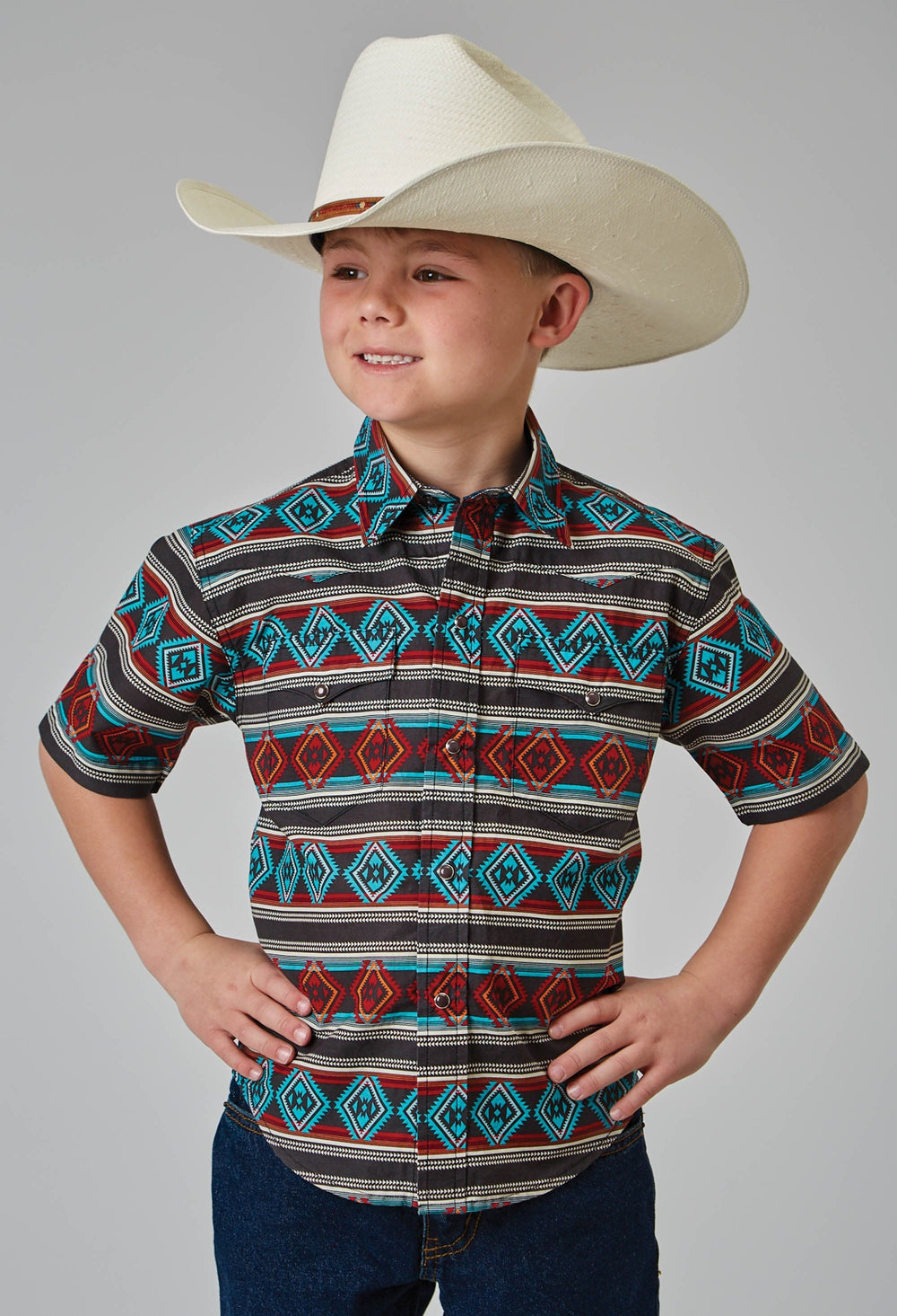 Roper Boys Short Sleeve Snap Aztec Stripe Print Western Shirt - Roper