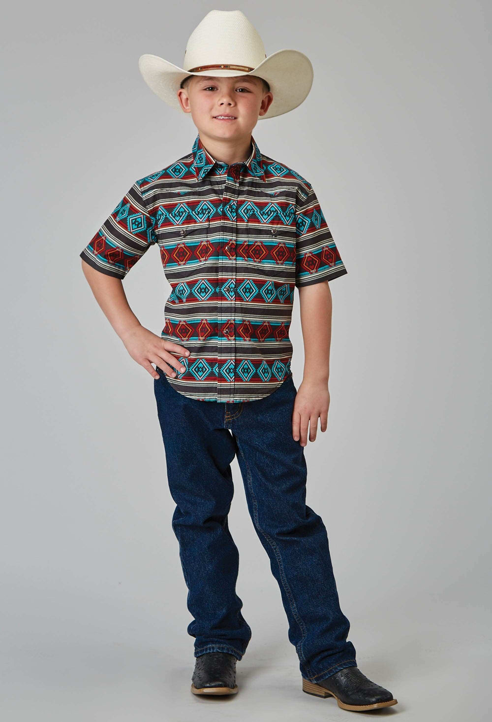 Roper Boys Short Sleeve Snap Aztec Stripe Print Western Shirt - Roper - Flyclothing LLC