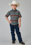 Roper Boys Short Sleeve Snap Aztec Stripe Print Western Shirt - Roper